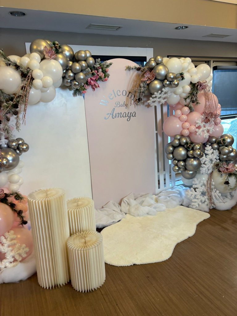 Port Perry party rentals, chiara arches with plinths and balloon decor