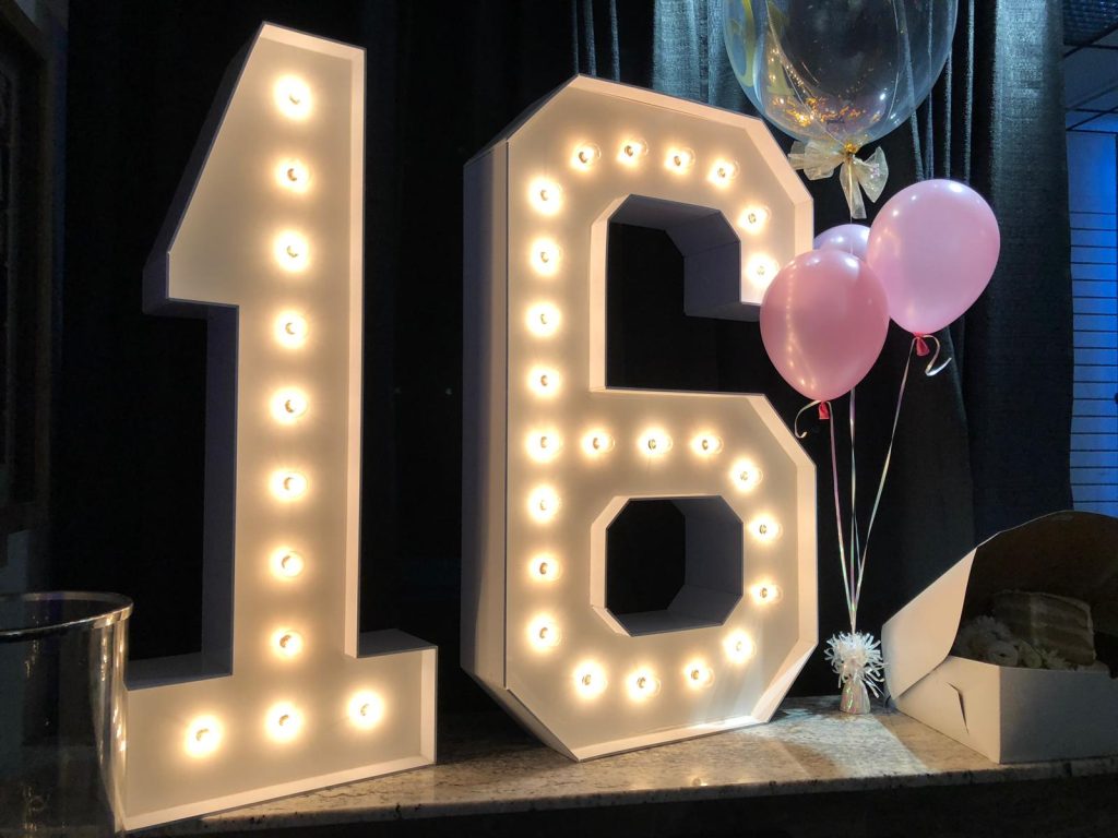 Party rentals in Richmond Hill. Light up numbers with balloon decor.