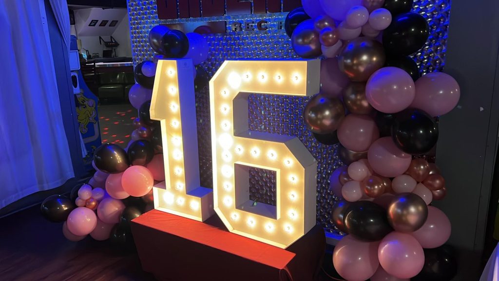 Ancaster party rentals, Marquee numbers with balloon decor
