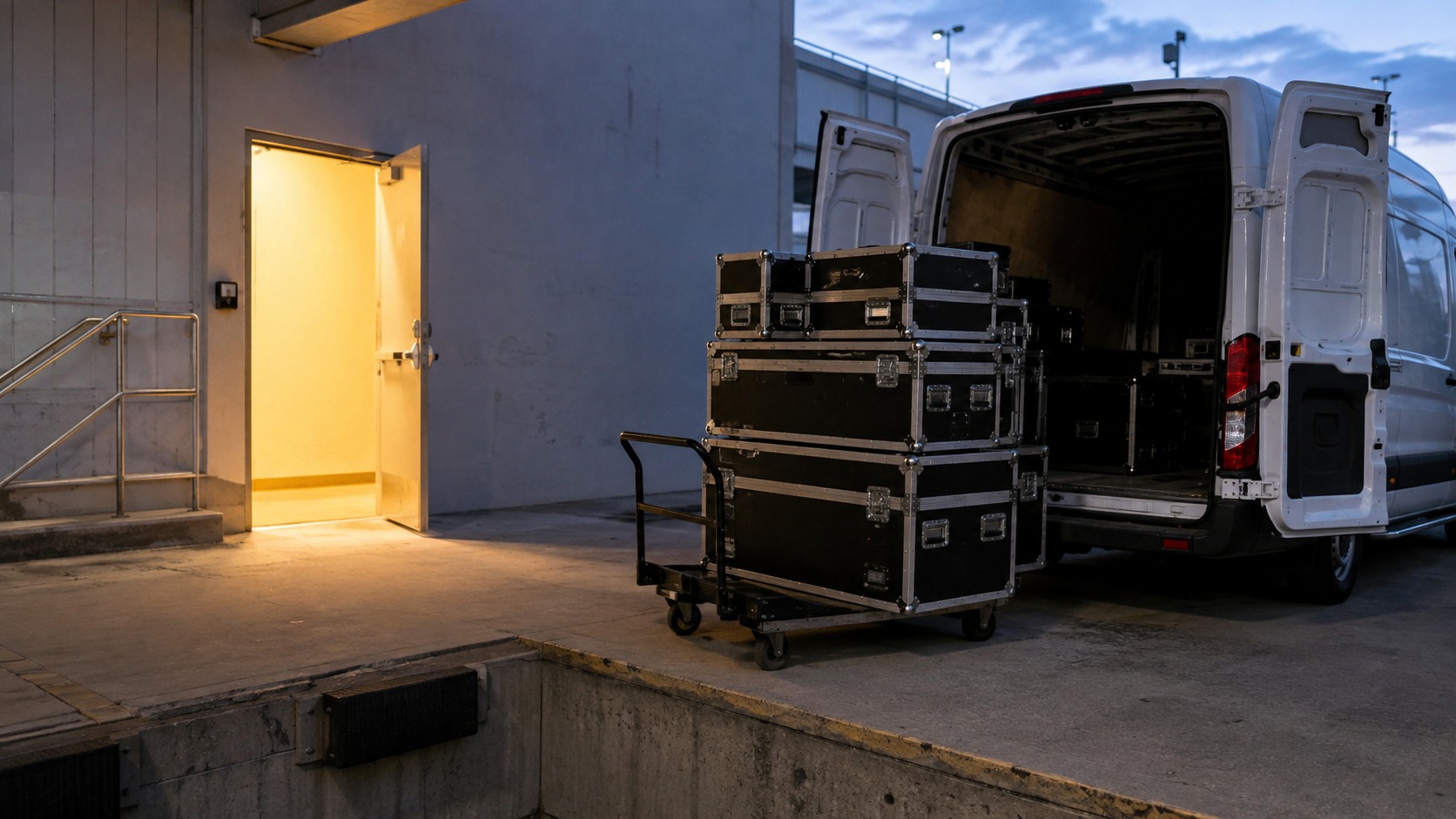 Photo booth equipment cases stacked beside a van at a venue loading dock