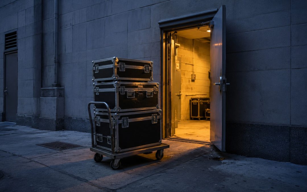 Photo booth flight cases on a trolley at the service entrance of a Toronto event venue