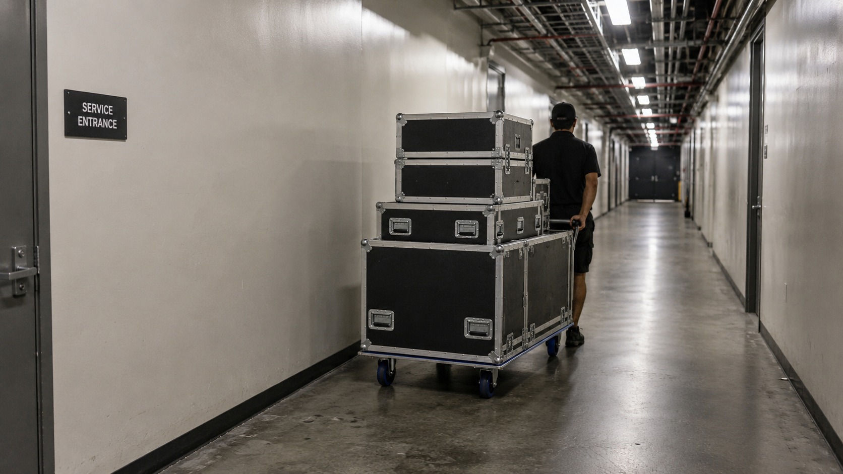 Photo booth equipment on a trolley in a venue service corridor marked service entrance