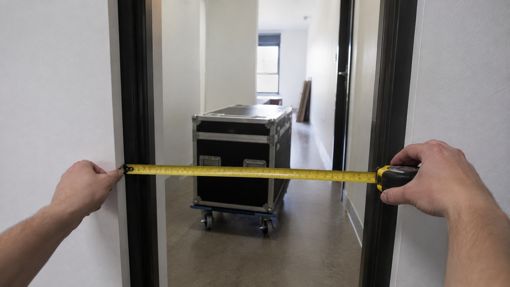 Measuring a narrow venue doorway before carrying photo booth equipment through