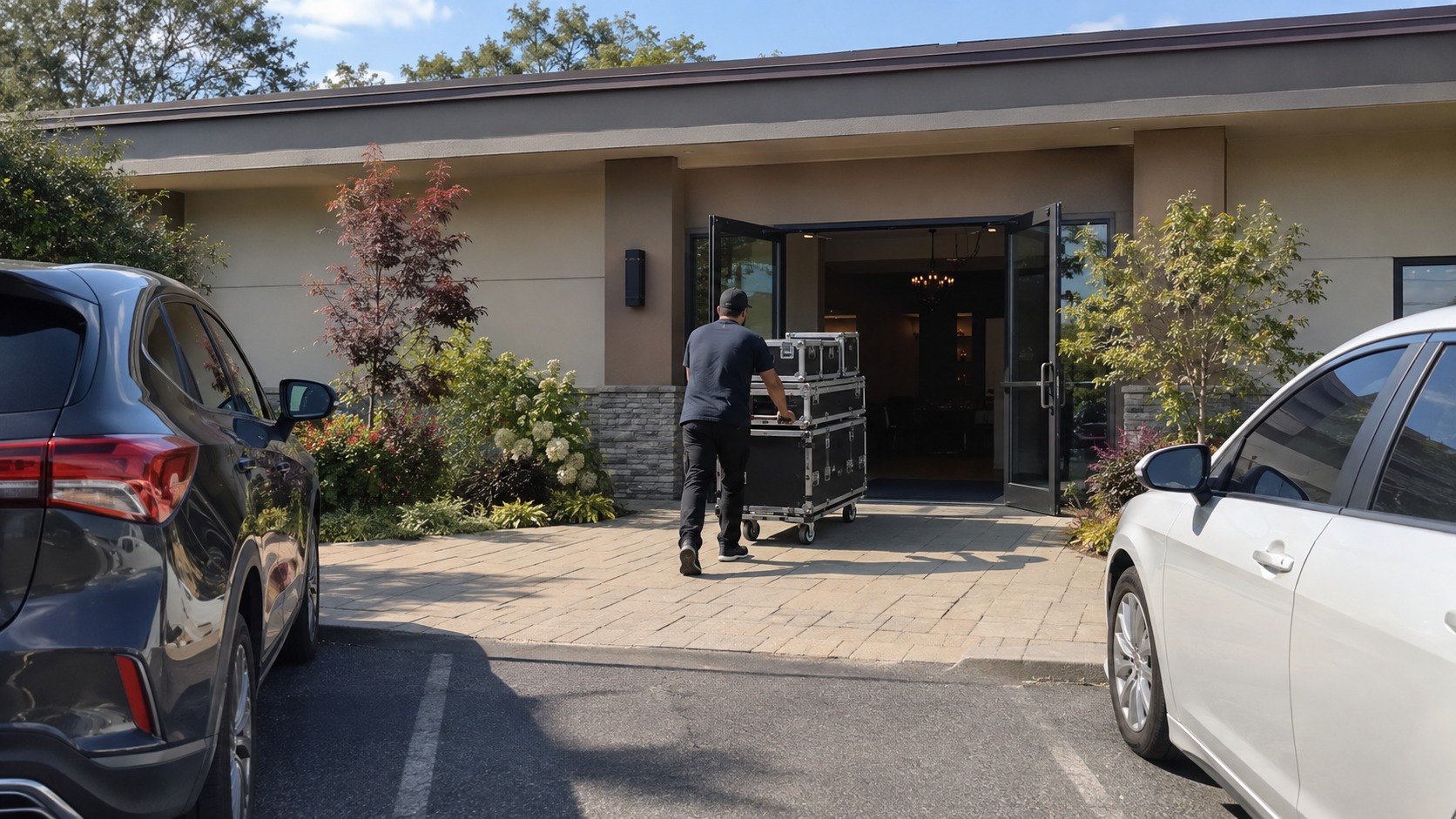 Photo booth equipment wheeled into a ground floor banquet hall entrance north of Toronto