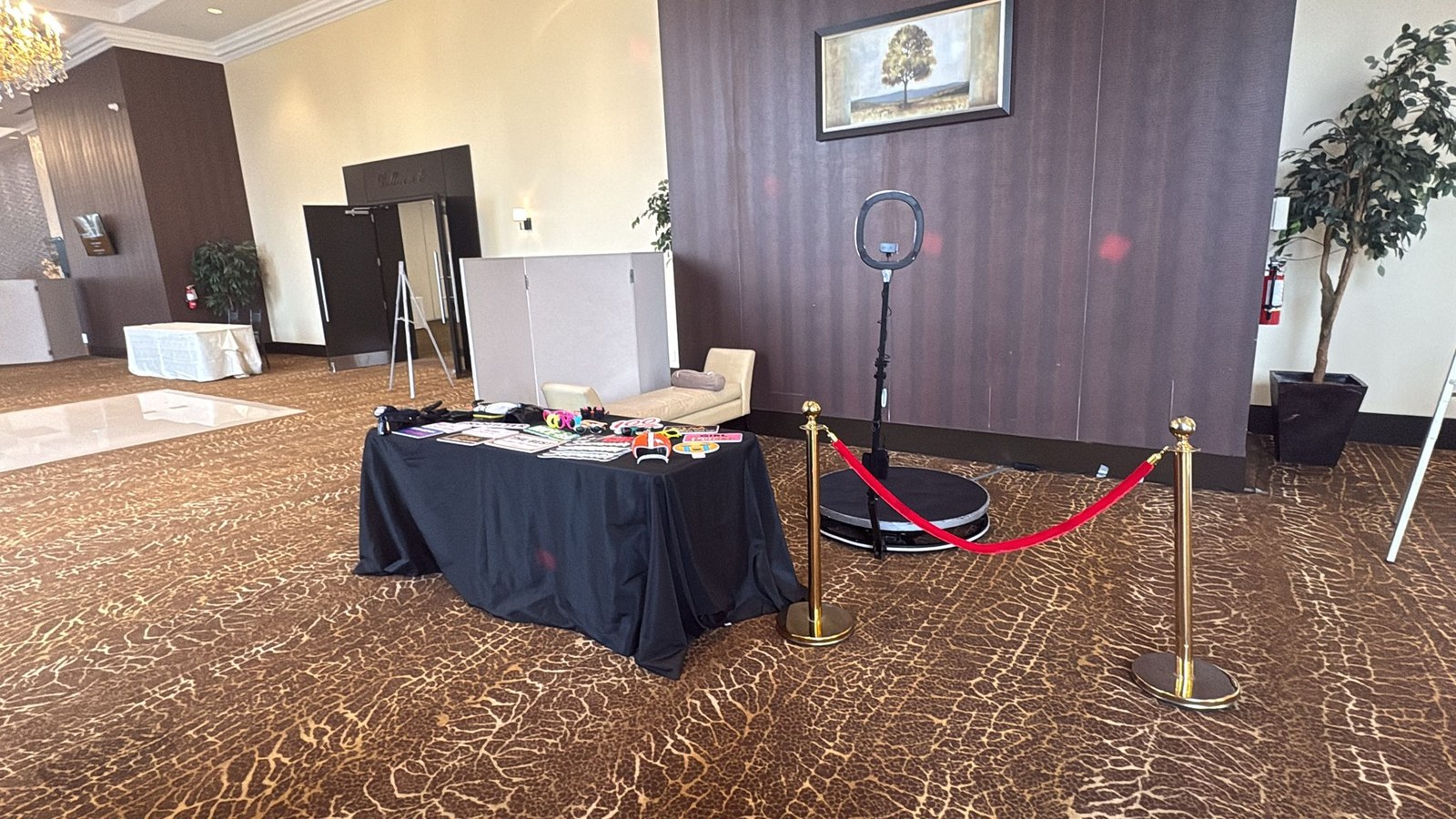 A 360 video booth platform and its ring light between two brass rope stanchions on patterned carpet, with a dark panelled wall and a framed picture carrying on up above the platform to the ceiling line