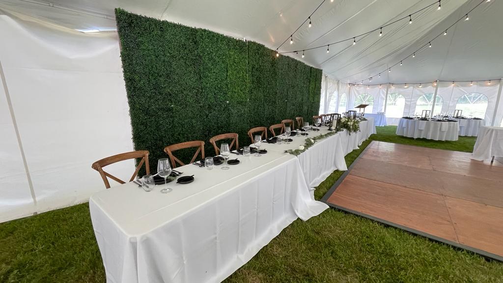 The inside of a white marquee tent with its windowed sidewalls up, a green boxwood wall standing on the grass behind a long head table and festoon lights strung under the canopy