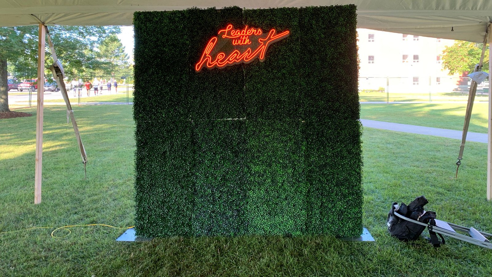 A green boxwood wall standing on grass under a marquee canopy, with flat metal base plates laid on the turf at each foot of its frame